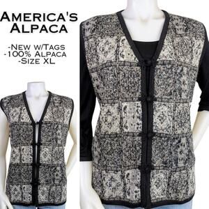 Americas Alpaca Womens Wool Vest XL Gray White Black Tapestry Knit Preppy NEW